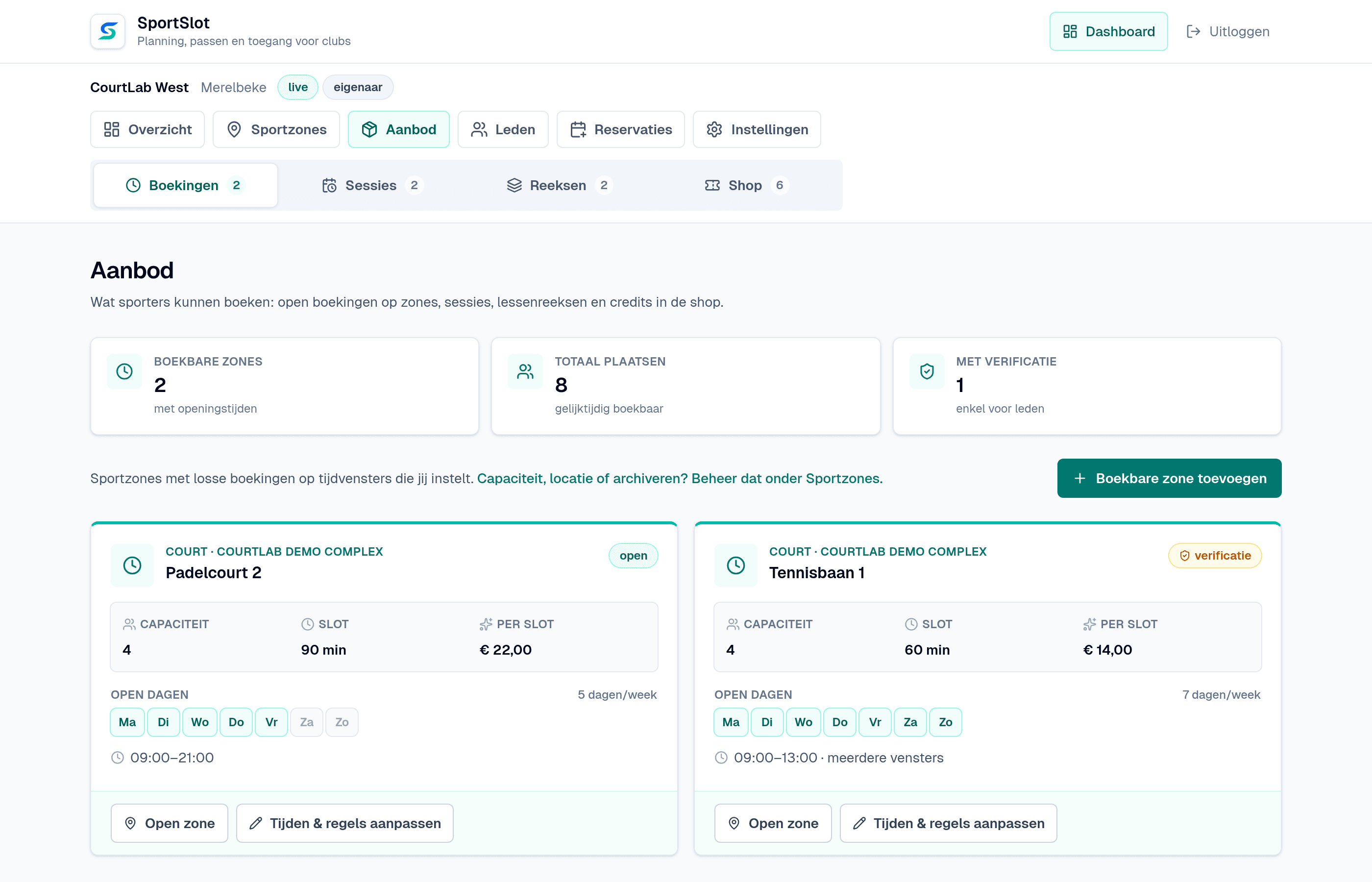 Idletrack Aanbod-overzicht met openstellingsvensters per resource
